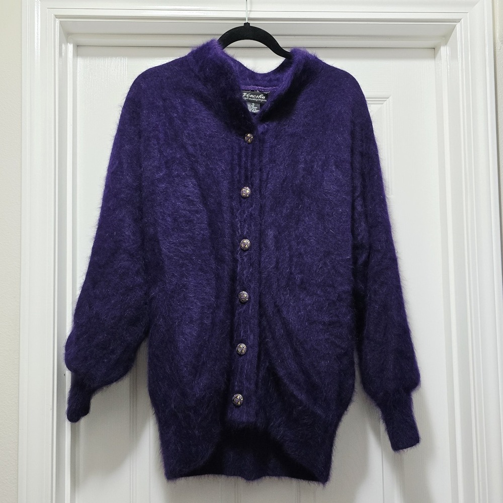 Fuzzy Angora Fluffy Venesha Sweater Jacket Soft Fluffy Dark Purple Womens S